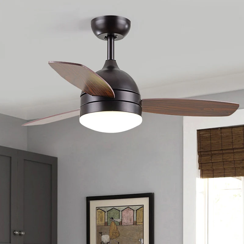 Wit/zwarte LED hangende ventilatorlamp modernistische metalen koepel semi-inbouwlamp met 3 houten bladen, 42" W Clearhalo