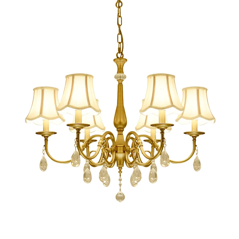 Woonkamerhanger met gebogen arm, vintage metalen 6-koppige messing kroonluchterlamp met geschulpte stoffen kap Clearhalo