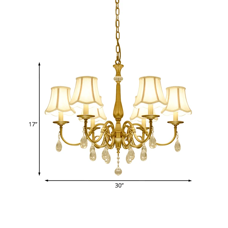 Woonkamerhanger met gebogen arm, vintage metalen 6-koppige messing kroonluchterlamp met geschulpte stoffen kap Clearhalo
