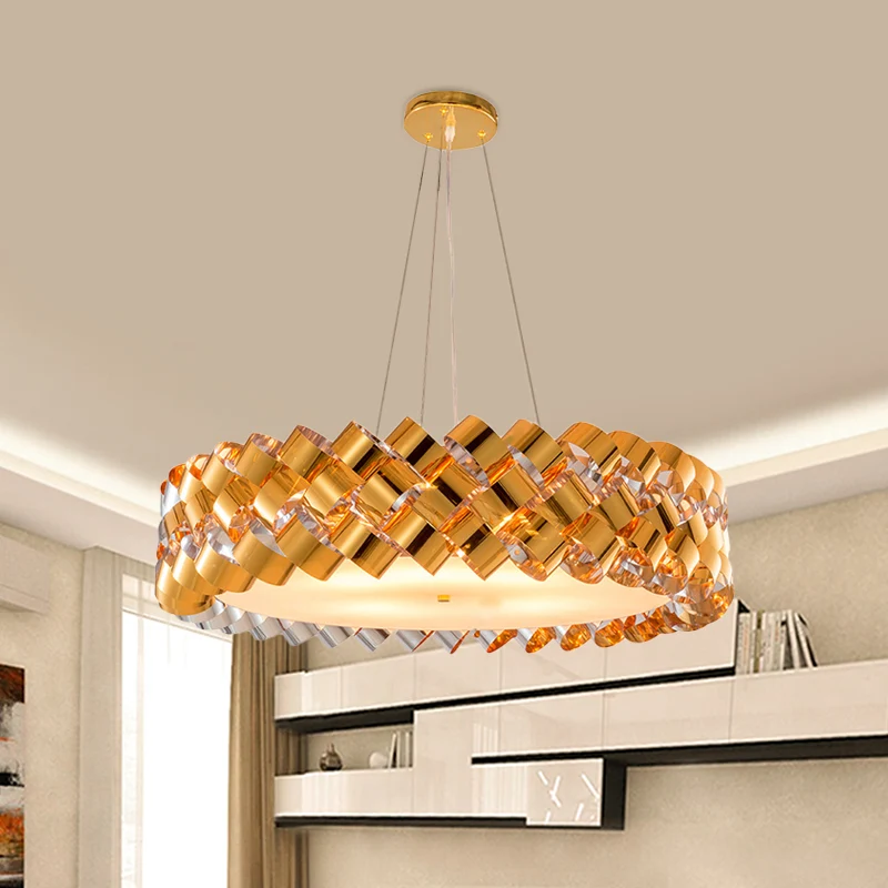 Woonkamerkroonluchter met gedraaid paneel, moderne metalen 6-koppige hanger goud met trommelontwerp Clearhalo