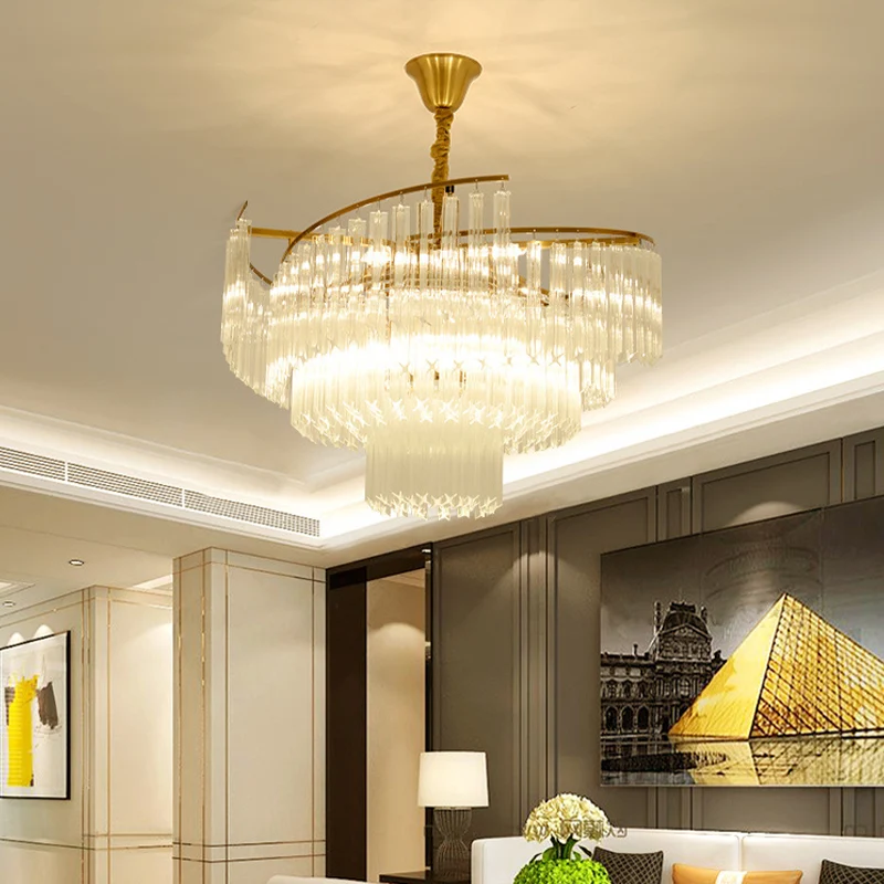 Woonkamerkroonluchter met 8 lampen, gouden LED-hanglamp met gelaagde kristallen staafschaduw Clearhalo
