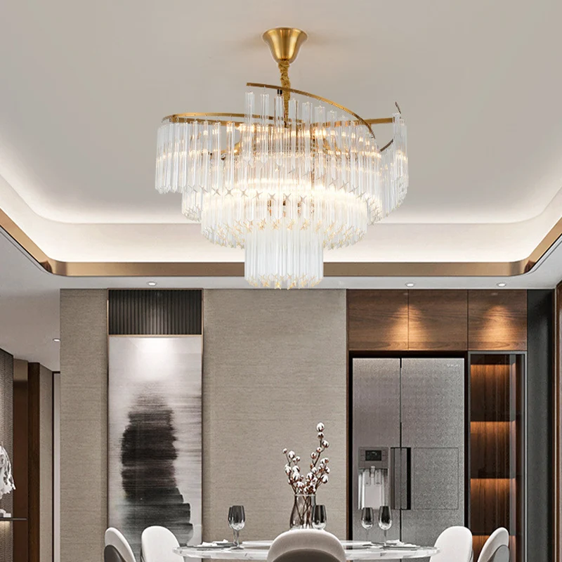 Woonkamerkroonluchter met 8 lampen, gouden LED-hanglamp met gelaagde kristallen staafschaduw Clearhalo