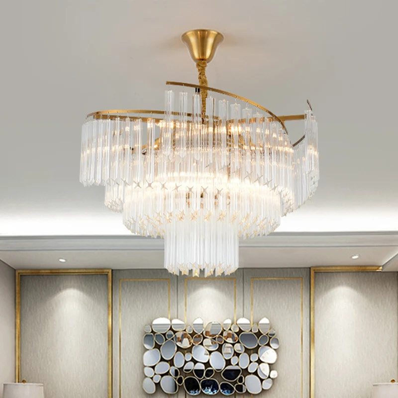 Woonkamerkroonluchter met 8 lampen, gouden LED-hanglamp met gelaagde kristallen staafschaduw Clearhalo