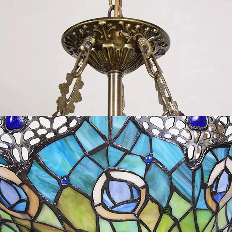 Woonkamerplafondlamp LED, 3 lampen Pauwenveer Semi-inbouwverlichting met verstelbare ketting en glas--loodkap Victoriaanse...