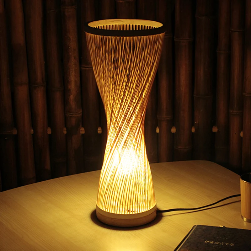 Zandloper nachtkastje lampen Aziatische stijl bamboe enkele kop houten bureaulamp voor slaapkamer Clearhalo