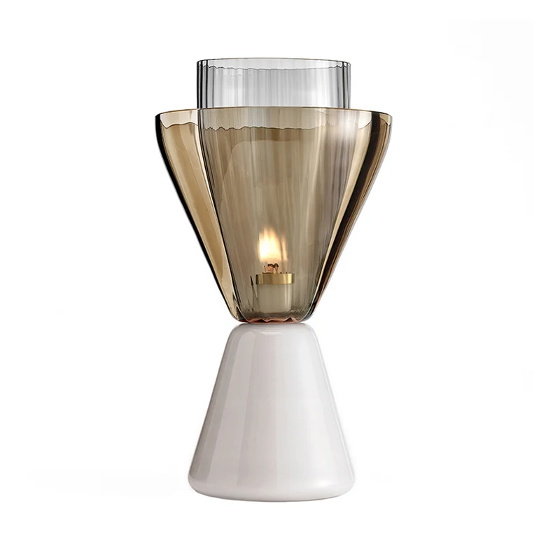 Zandloper-nachtlamp van amber- en rookglas, postmoderne witte tafellamp met 1 lamp en marmeren voet Clearhalo