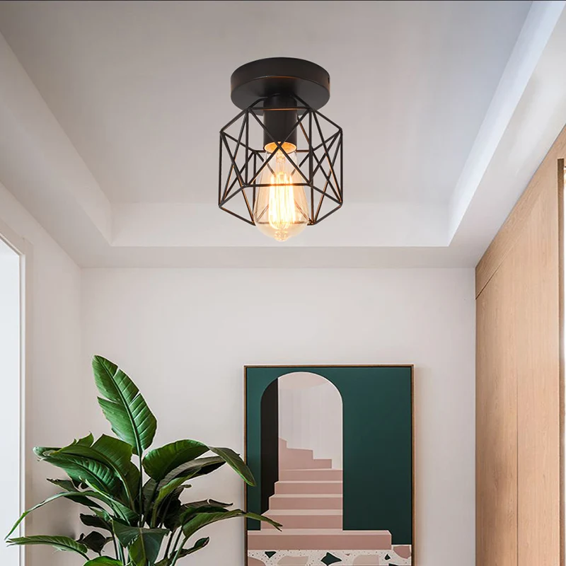 Zeshoekige balkonplafondlamp, industrieel ijzer, semi-inbouwlamp met 1 lamp Clearhalo