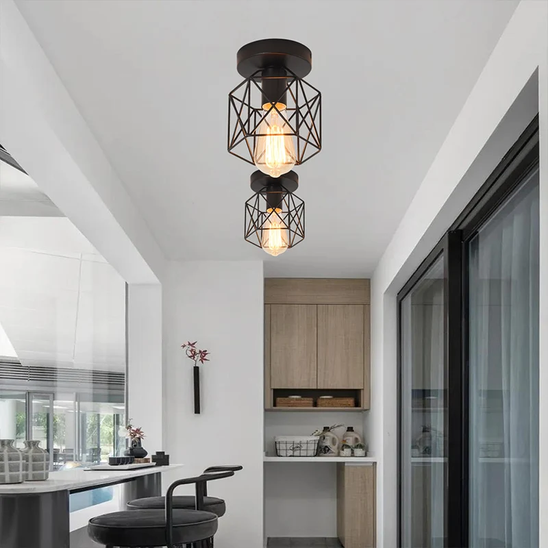 Zeshoekige balkonplafondlamp, industrieel ijzer, semi-inbouwlamp met 1 lamp Clearhalo