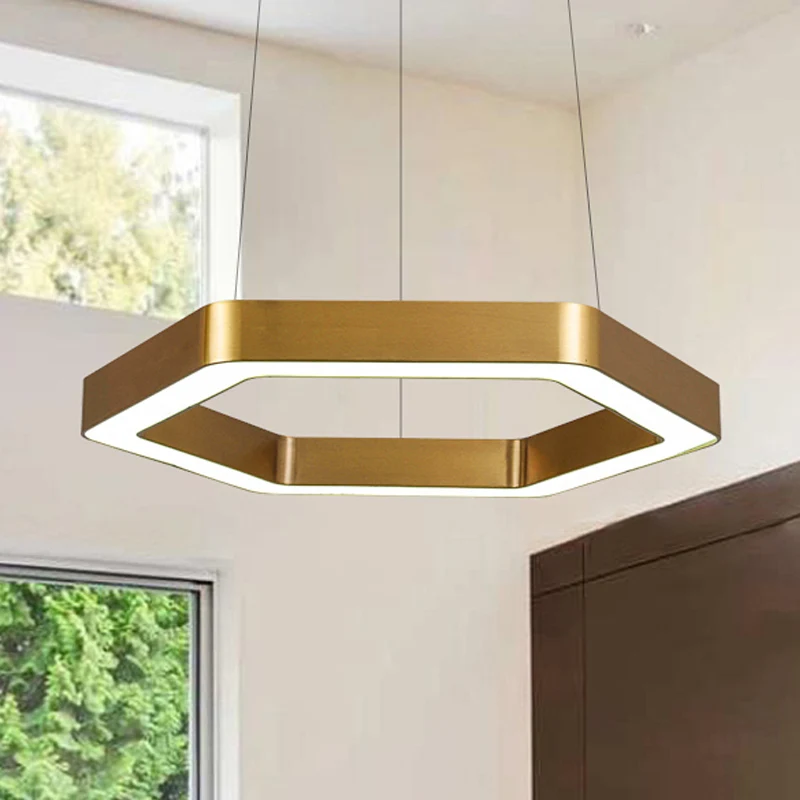 Zeshoekige metalen hanglamp moderne 16"/23,5" brede led gouden hangende plafondhanglamp voor woonkamer, /B Clearhalo