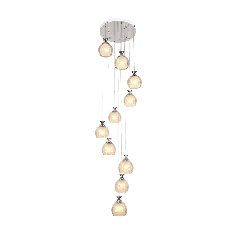 Zilveren bol/cilinder cluster hanger modern helder glas 10-lichts trapplafond hangarmatuur Clearhalo