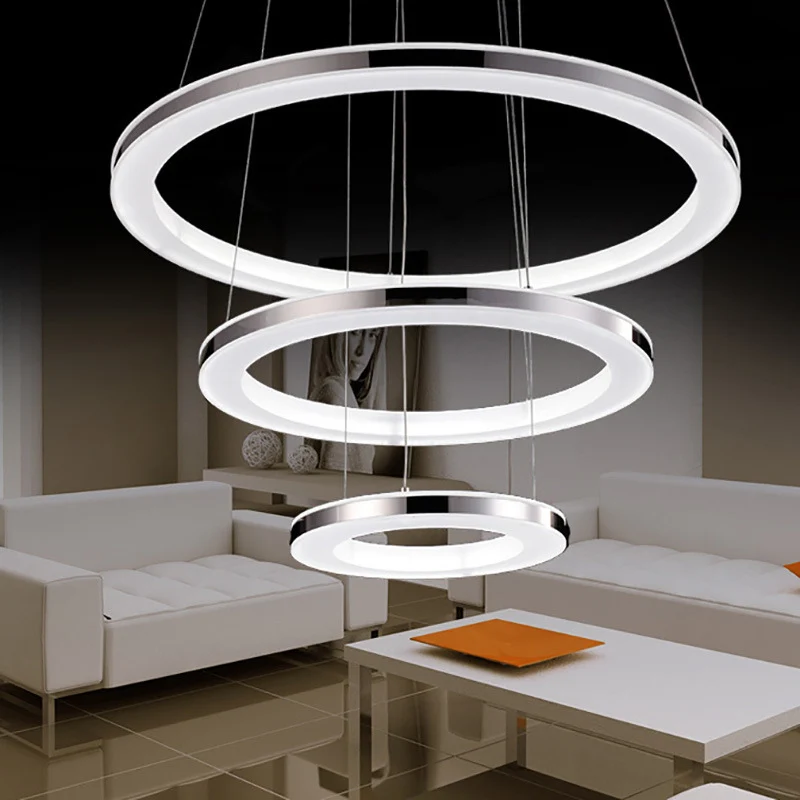 Zilveren cirkel LED kroonluchter hanger minimaal 3 lampen acryl kleine/grote hanglamp warm/wit licht Clearhalo