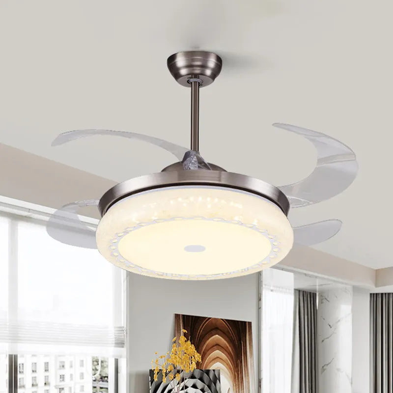 Zilveren LED-plafondventilatorlamp modernisme acryl ronde semi-inbouw met 4 heldere bladen voor woonkamer, 36"/42" breed C...