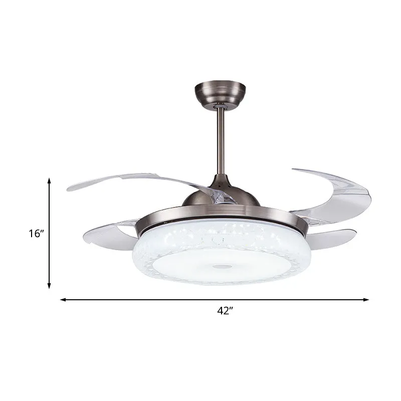Zilveren LED-plafondventilatorlamp modernisme acryl ronde semi-inbouw met 4 heldere bladen voor woonkamer, 36"/42" breed C...