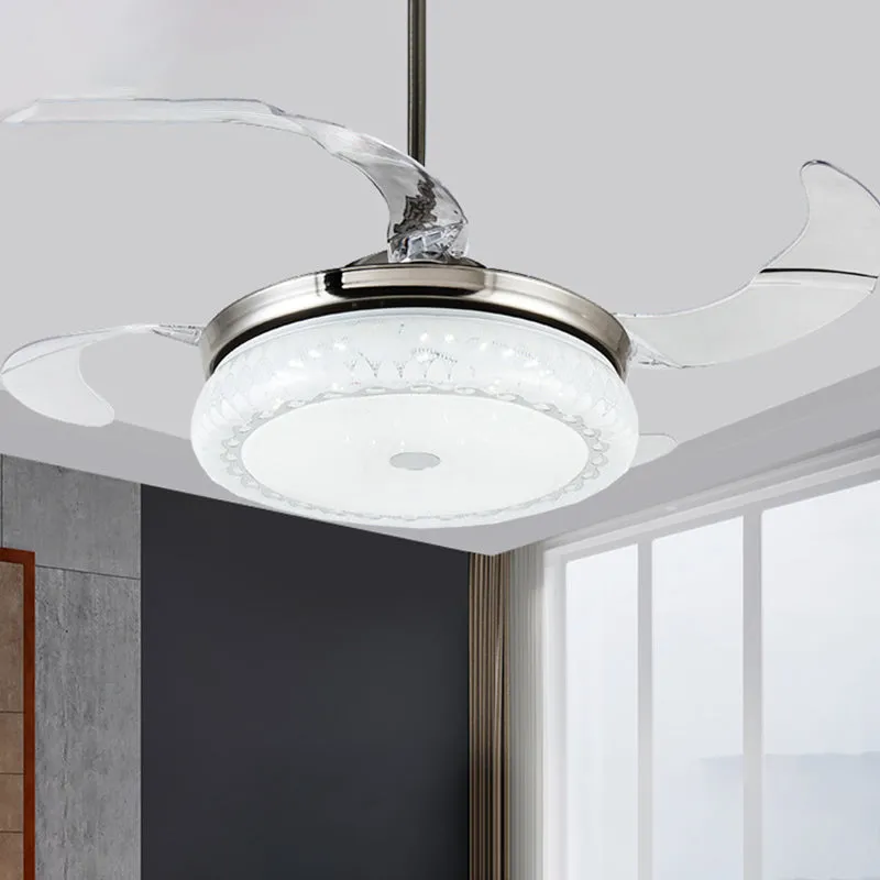 Zilveren LED-plafondventilatorlamp modernisme acryl ronde semi-inbouw met 4 heldere bladen voor woonkamer, 36"/42" breed C...