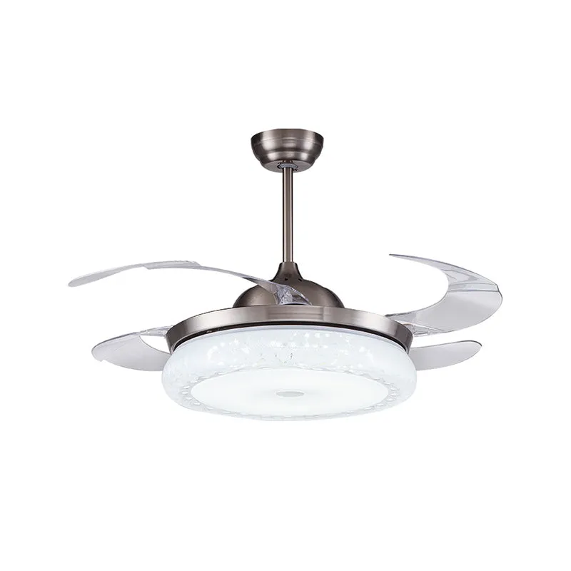 Zilveren LED-plafondventilatorlamp modernisme acryl ronde semi-inbouw met 4 heldere bladen voor woonkamer, 36"/42" breed C...