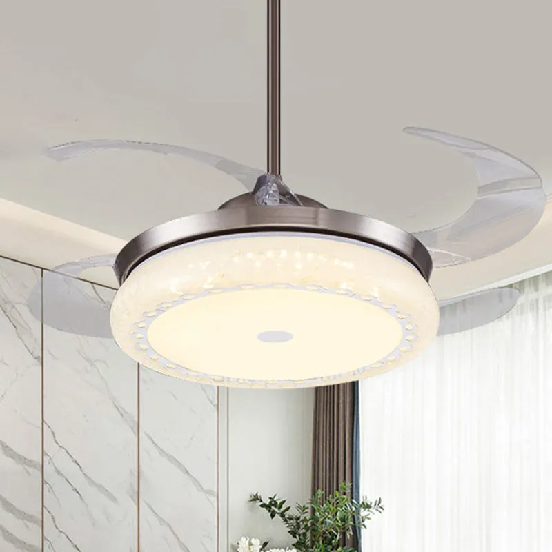 Zilveren LED-plafondventilatorlamp modernisme acryl ronde semi-inbouw met 4 heldere bladen voor woonkamer, 36"/42" breed C...