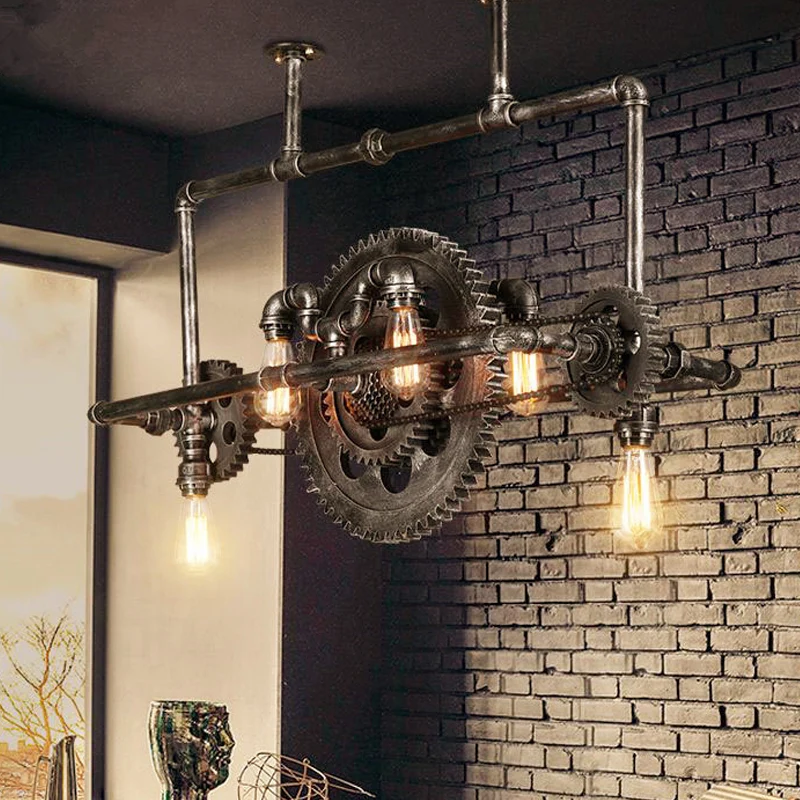 Zilvergrijze open eilandlamp Coastal Metal 6-lichts eetkamer hanglamp met tandwielontwerp Clearhalo