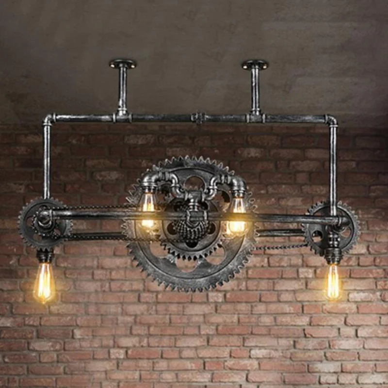 Zilvergrijze open eilandlamp Coastal Metal 6-lichts eetkamer hanglamp met tandwielontwerp Clearhalo