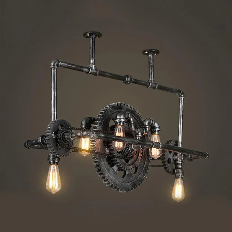 Zilvergrijze open eilandlamp Coastal Metal 6-lichts eetkamer hanglamp met tandwielontwerp Clearhalo