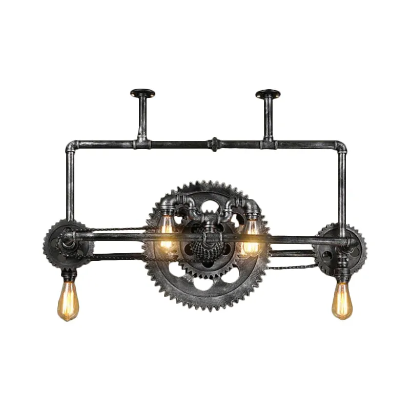 Zilvergrijze open eilandlamp Coastal Metal 6-lichts eetkamer hanglamp met tandwielontwerp Clearhalo