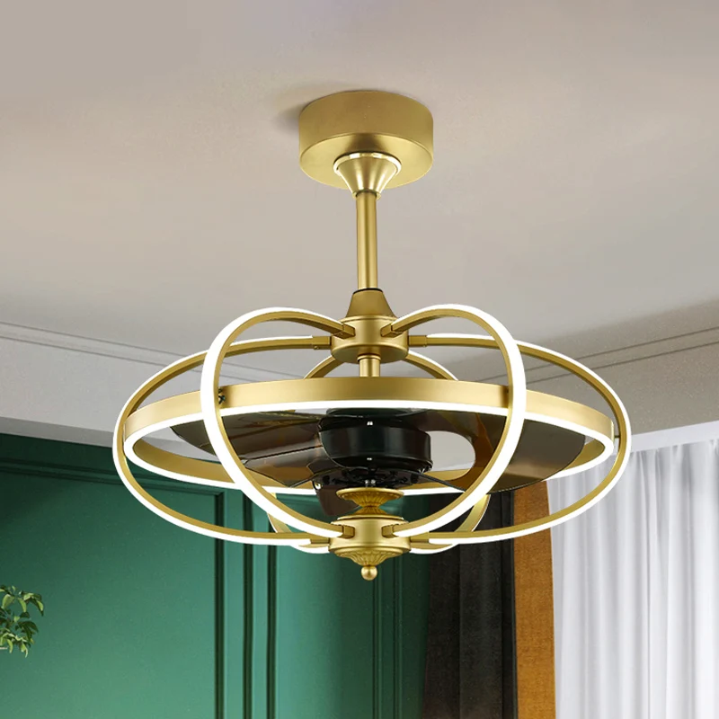 Zilver/wit/goud ovale kooi semi-inbouw eenvoud LED-siliconen hangende ventilatorlamp met 3 bruine bladen, 19,5" H Clearhalo