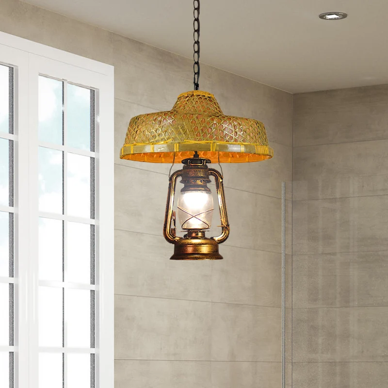 Zuidoost-Azië hoedvormige hanglamp rotan 15"/16,5" W 1-kops binnenhanglamp met lantaarnkap beige Clearhalo