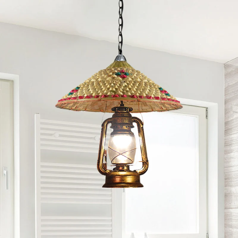 Zuidoost-Azië hoedvormige hanglamp rotan 15"/16,5" W 1-kops binnenhanglamp met lantaarnkap beige Clearhalo