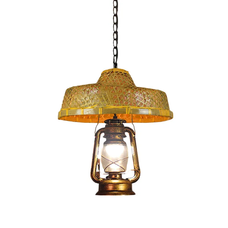 Zuidoost-Azië hoedvormige hanglamp rotan 15"/16,5" W 1-kops binnenhanglamp met lantaarnkap beige Clearhalo