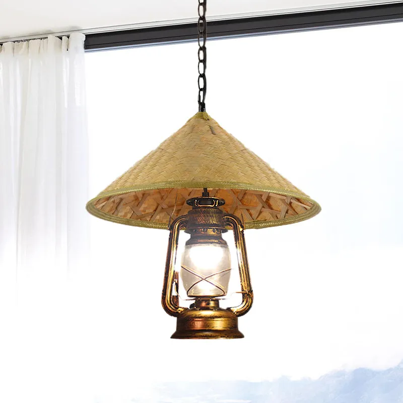 Zuidoost-Azië hoedvormige hanglamp rotan 15"/16,5" W 1-kops binnenhanglamp met lantaarnkap beige Clearhalo