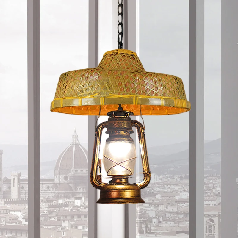 Zuidoost-Azië hoedvormige hanglamp rotan 15"/16,5" W 1-kops binnenhanglamp met lantaarnkap beige Clearhalo