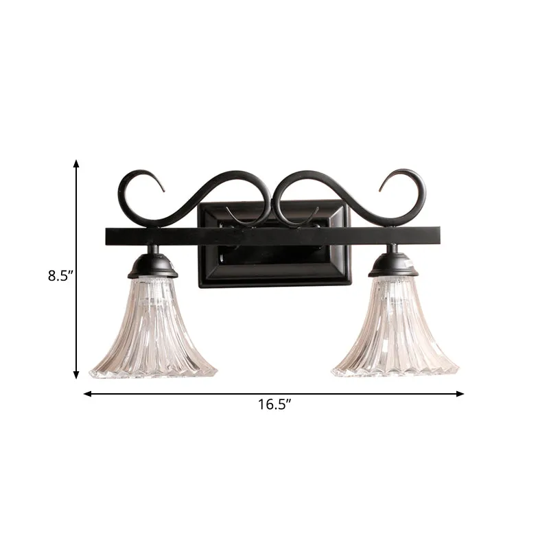 Zwart 2-lichts wandlamp, traditionele helder getextureerde glazen bel, make-upverlichting voor de badkamer Clearhalo