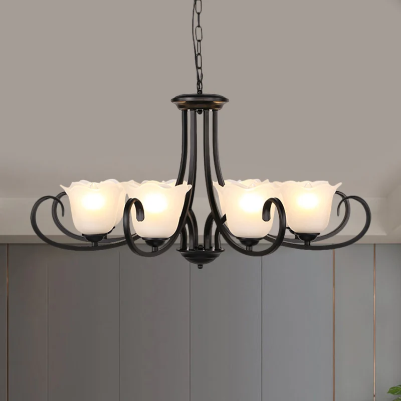 Zwart 4/6/8-lamps plafondkroonluchter Warehouse matglazen bloemhanglampset met scrollarm Clearhalo