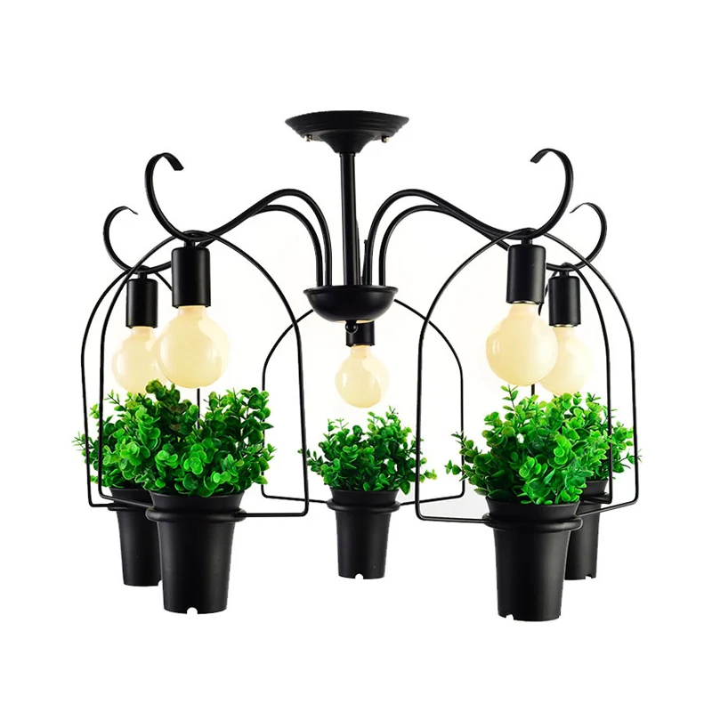 Zwart 5-kops plafondverlichting industriële metalen potplant LED semi-inbouwlamp voor restaurant Clearhalo