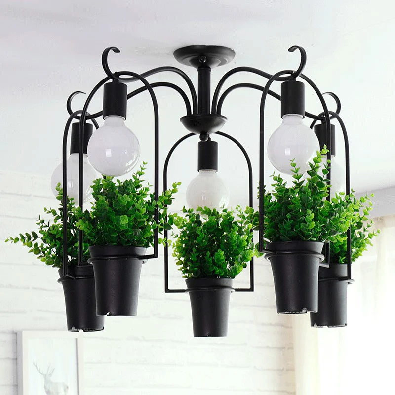Zwart 5-kops plafondverlichting industriële metalen potplant LED semi-inbouwlamp voor restaurant Clearhalo