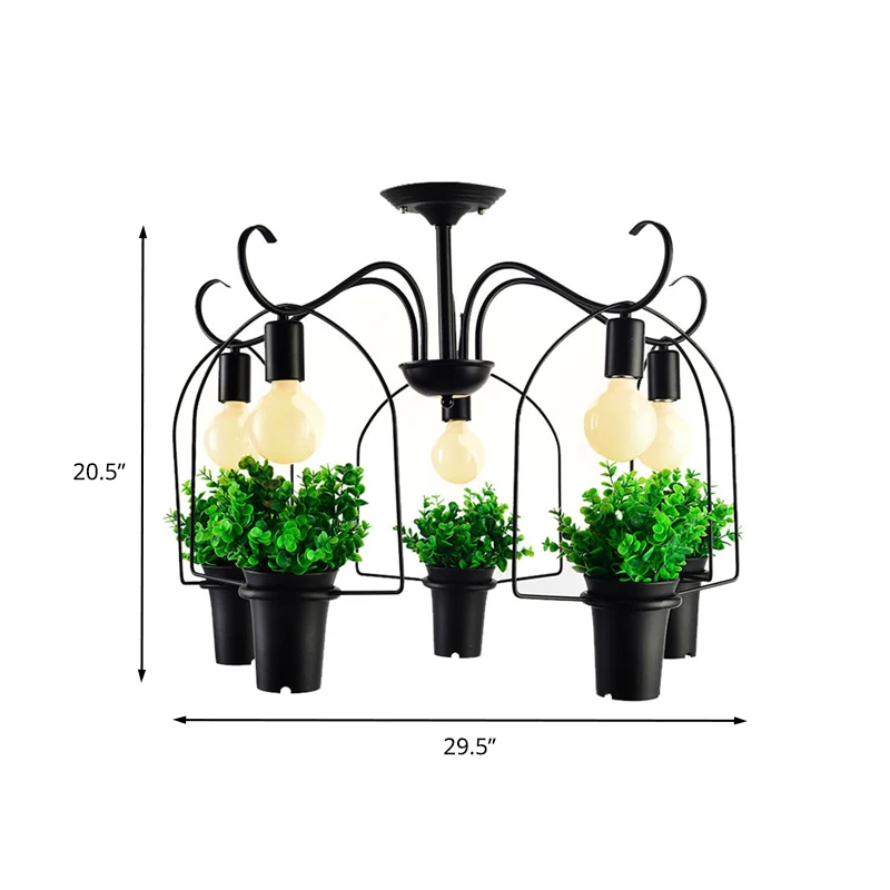 Zwart 5-kops plafondverlichting industriële metalen potplant LED semi-inbouwlamp voor restaurant Clearhalo