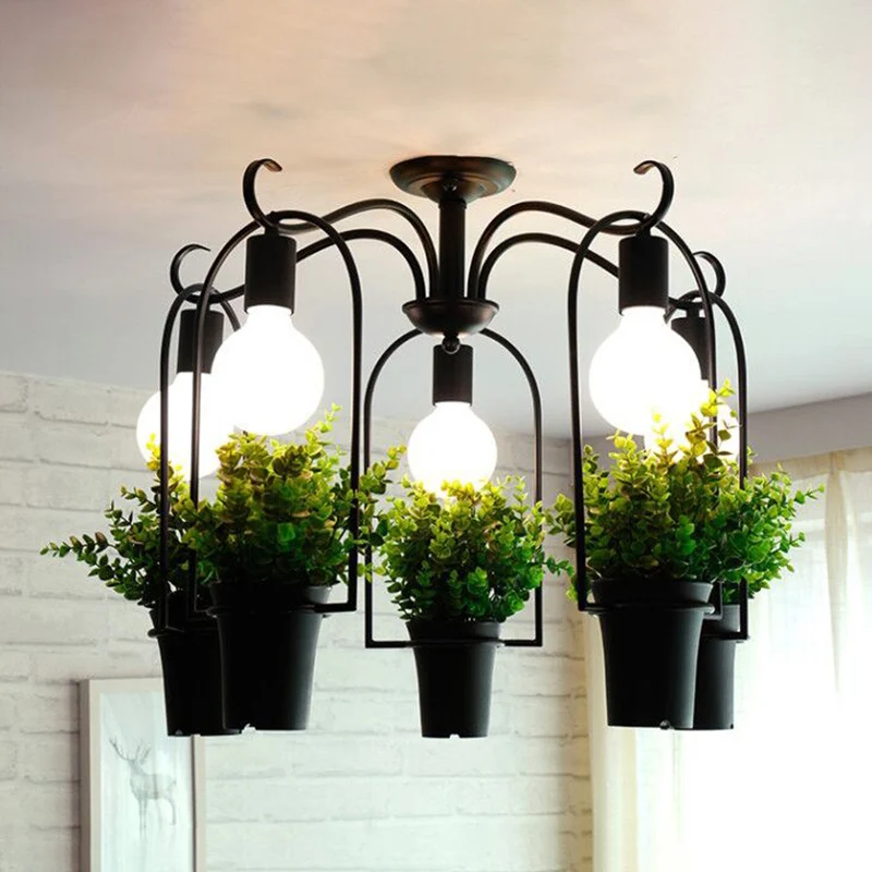 Zwart 5-kops plafondverlichting industriële metalen potplant LED semi-inbouwlamp voor restaurant Clearhalo