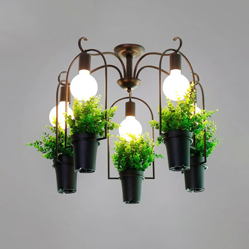 Zwart 5-kops plafondverlichting industriële metalen potplant LED semi-inbouwlamp voor restaurant Clearhalo