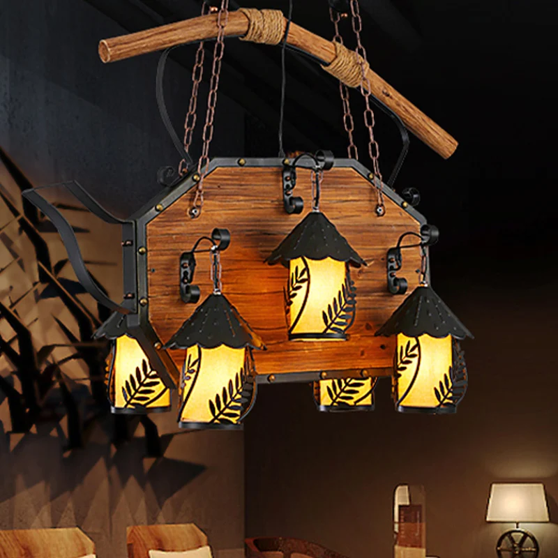 Zwart 6-lichts eilandlamp retrostijl metalen scheepsvormige hangende lichtarmatuur voor restaurant met cilinder witte stof...