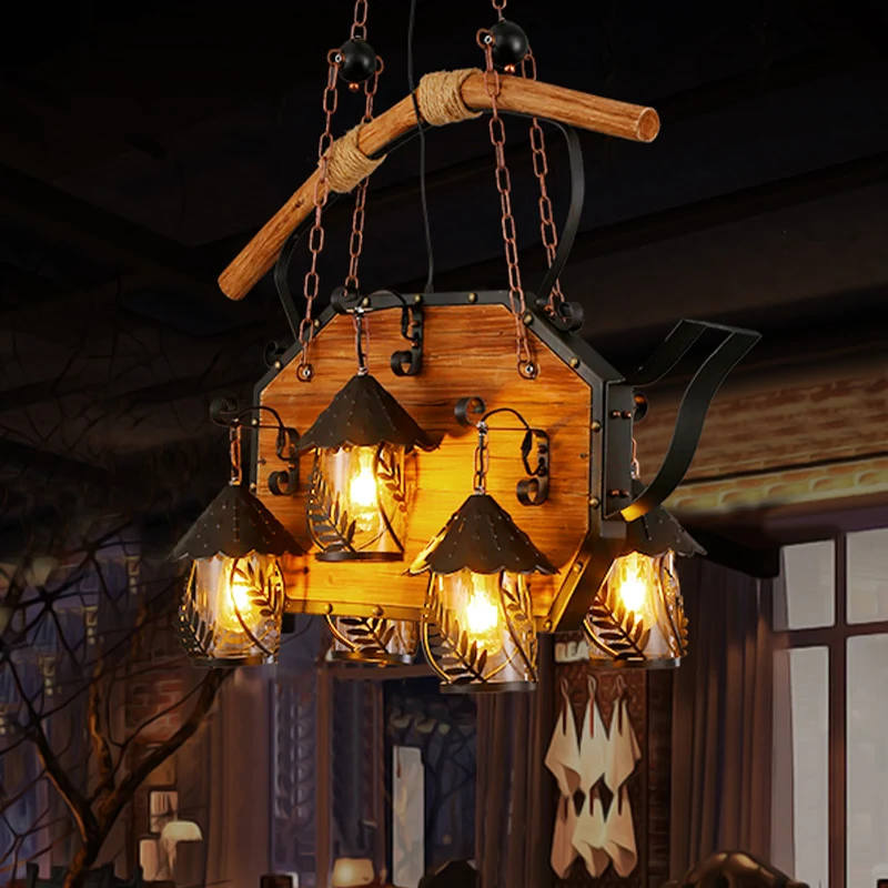 Zwart 6-lichts eilandlamp retrostijl metalen scheepsvormige hangende lichtarmatuur voor restaurant met cilinder witte stof...