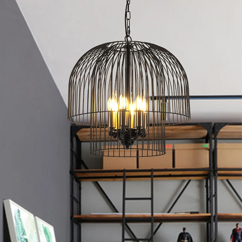 Zwart 6-lichts kroonluchter lichtarmatuur traditionele metalen draadkooi hanglamp voor woonkamer Clearhalo