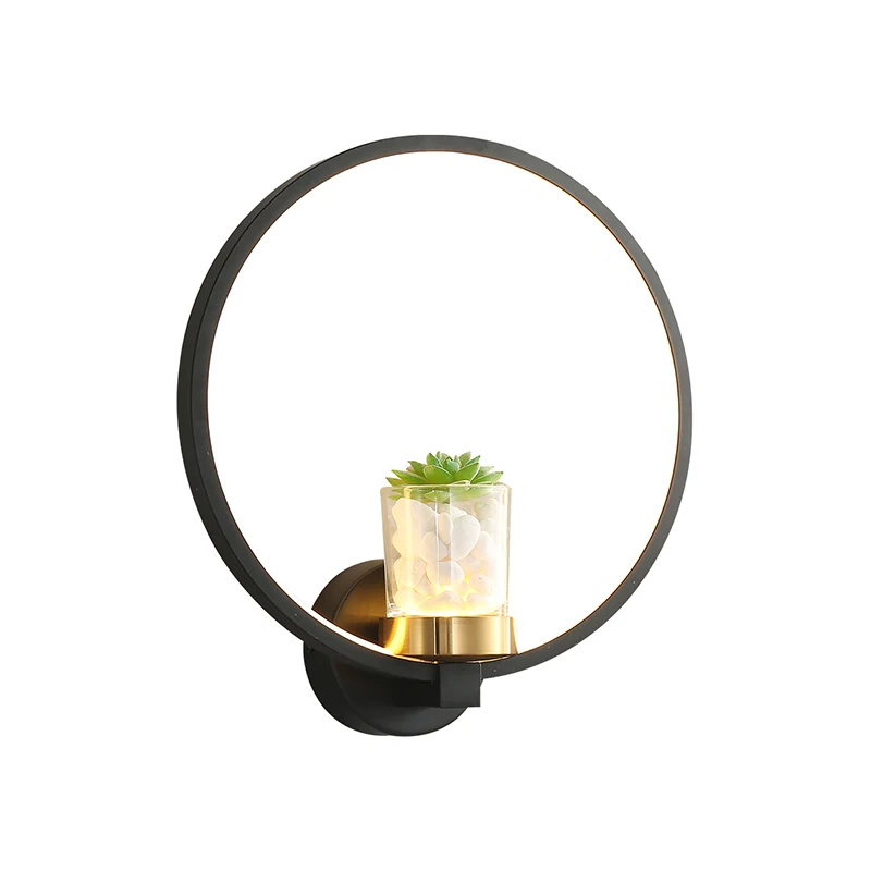Zwart acryl wandmontage ringlicht eigentijds LED warmlicht schanslamp met potplant Clearhalo