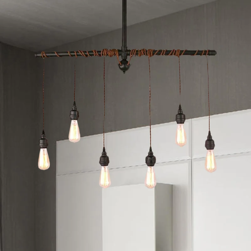 Zwart afgewerkte buishanglamp met hangende lamp Vintage metalen 6-lichts plafondlamp voor binnen Clearhalo