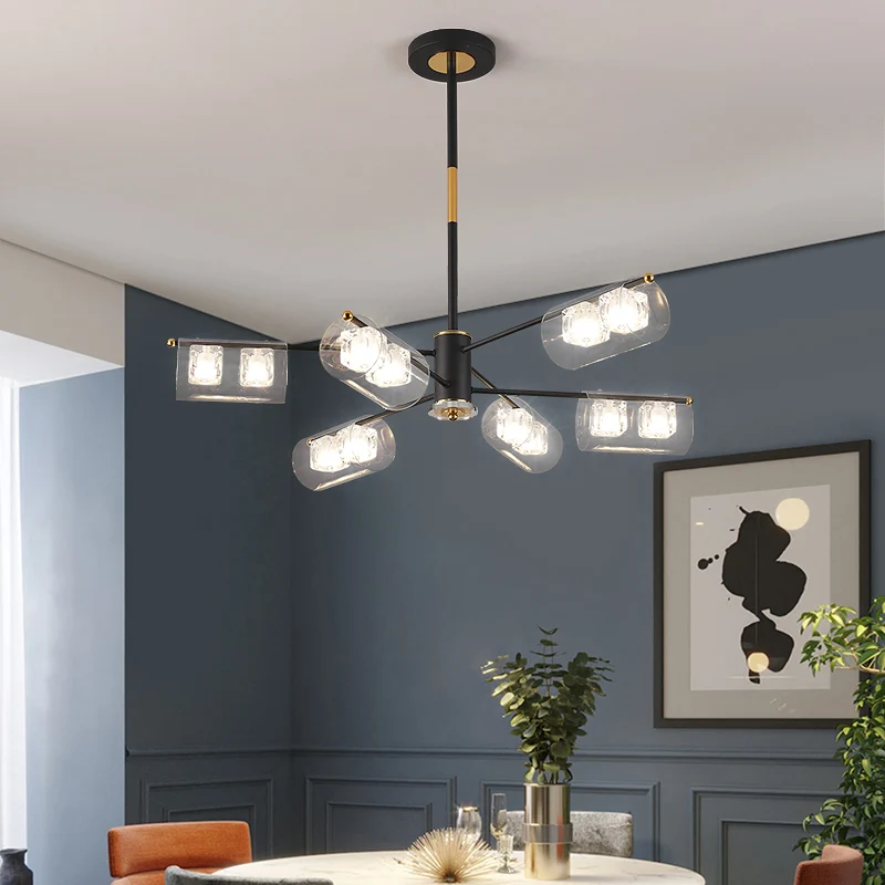 Zwart afgewerkte buishanglampset Modernisme 12-lichts LED-plafondkroonluchter van helder glas Clearhalo