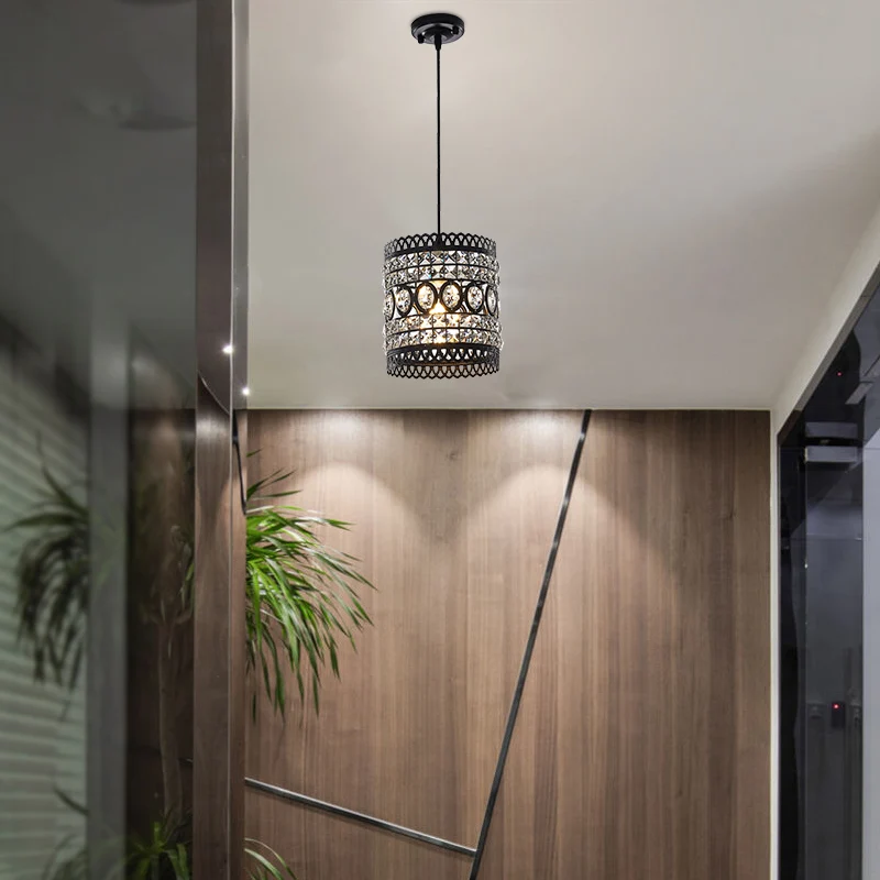 Zwart afgewerkte cilinder hanglamp industriële stijl hanglamp met helder kristallen accent voor veranda Clearhalo
