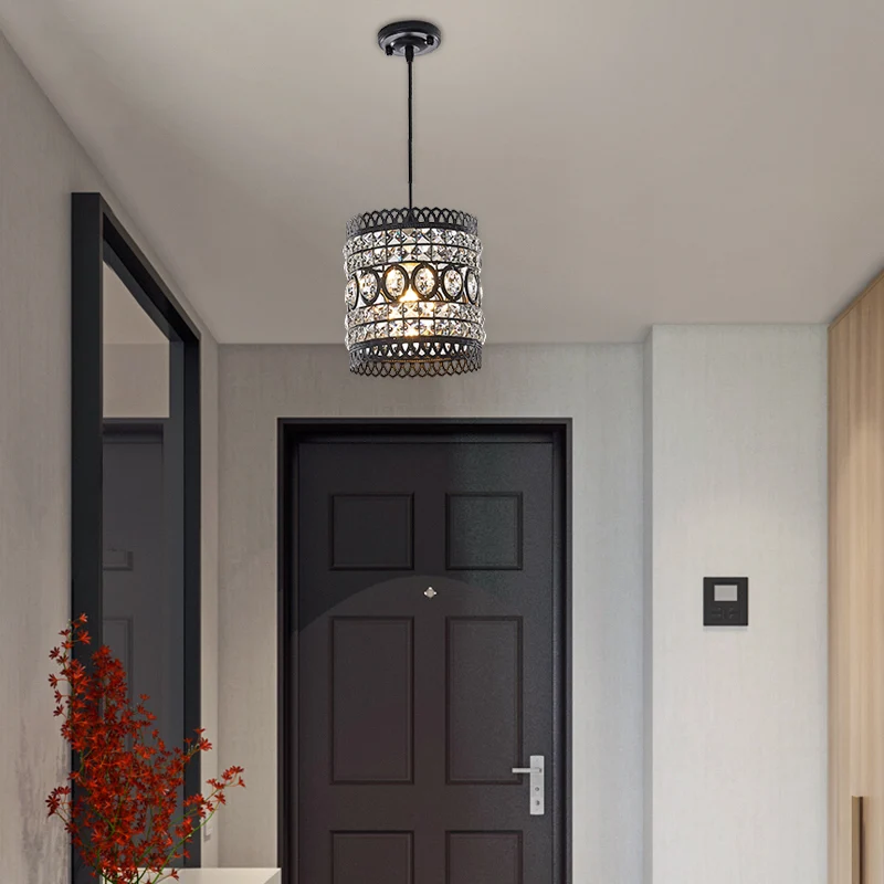 Zwart afgewerkte cilinder hanglamp industriële stijl hanglamp met helder kristallen accent voor veranda Clearhalo