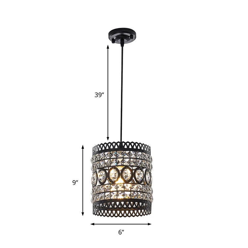 Zwart afgewerkte cilinder hanglamp industriële stijl hanglamp met helder kristallen accent voor veranda Clearhalo