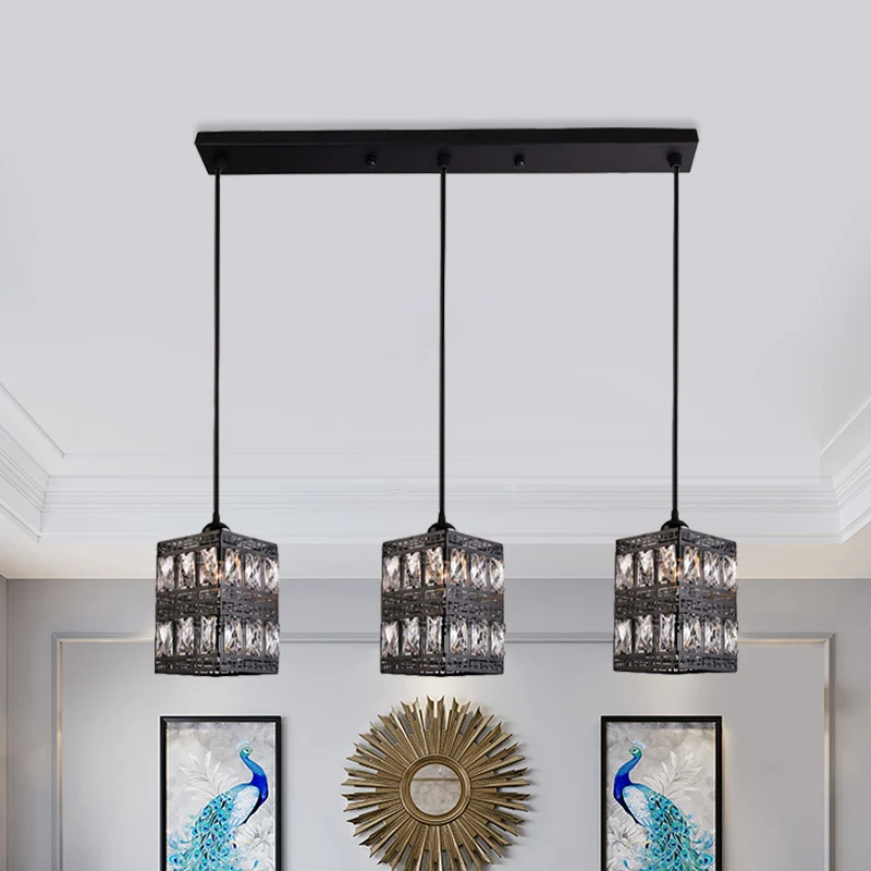 Zwart afgewerkte kubusvormige cluster hanglamp modernistische 3-lichts kristallen blok hanglamp Clearhalo