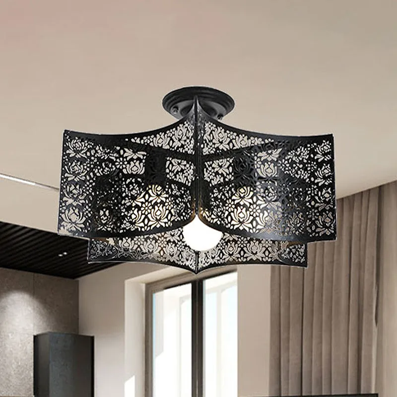 Zwart Drum Design Semi-inbouwlamp met draadframe Vintage Retro Metallic 3-kops Foyer Semi-inbouwlamp, 16"/16,5" W Clearhalo