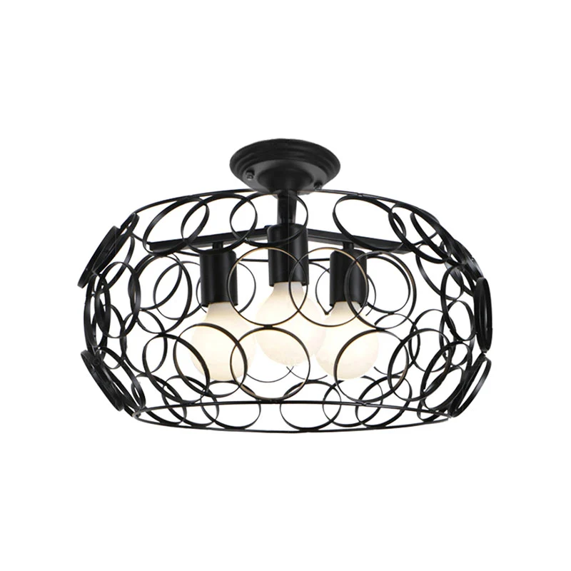 Zwart Drum Design Semi-inbouwlamp met draadframe Vintage Retro Metallic 3-kops Foyer Semi-inbouwlamp, 16"/16,5" W Clearhalo