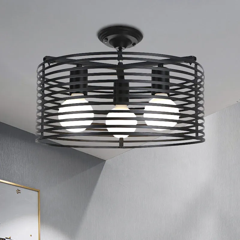 Zwart Drum Design Semi-inbouwlamp met draadframe Vintage Retro Metallic 3-kops Foyer Semi-inbouwlamp, 16"/16,5" W Clearhalo